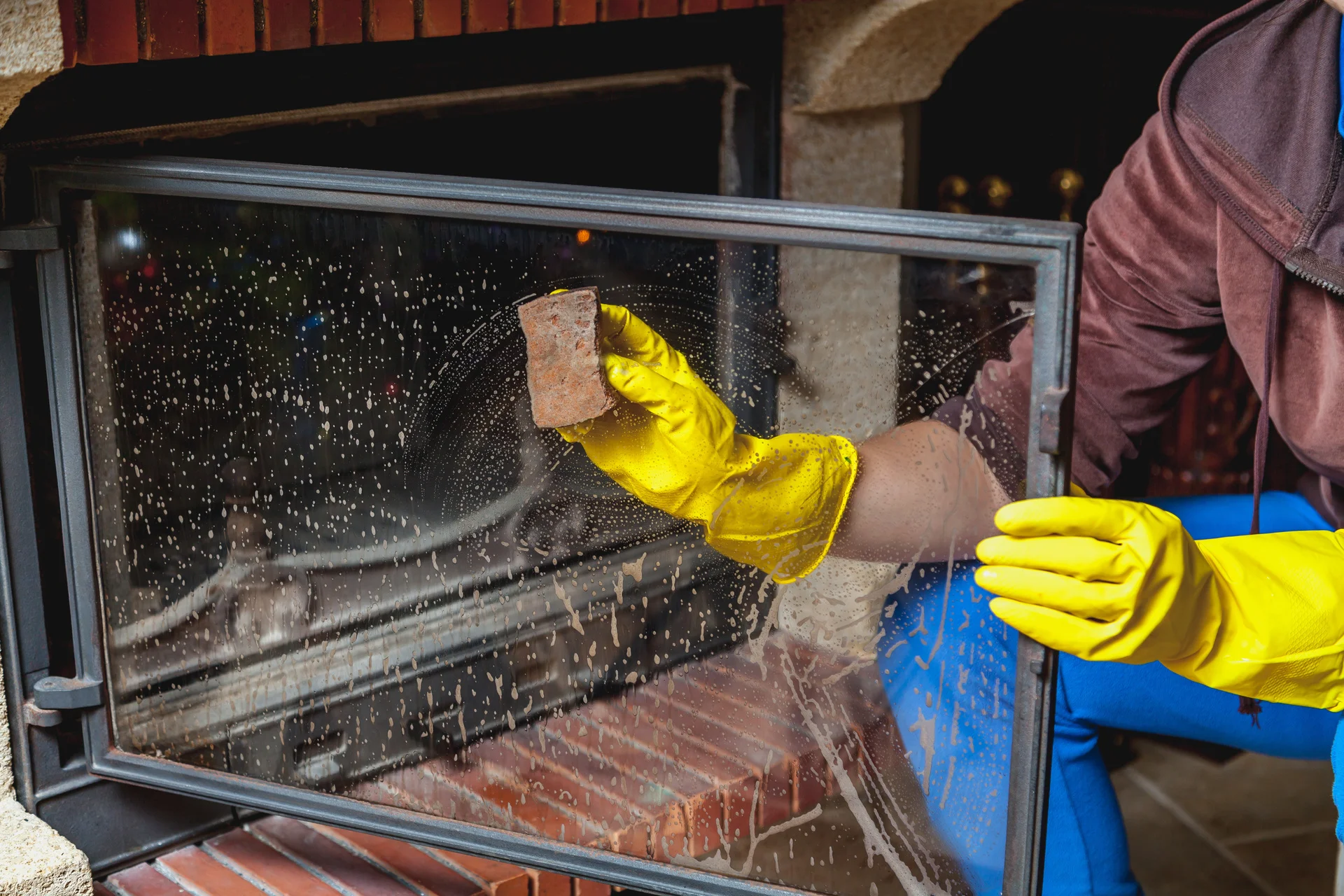 Worker with yellow gloves doing glass cleaning after chimney cleaning service