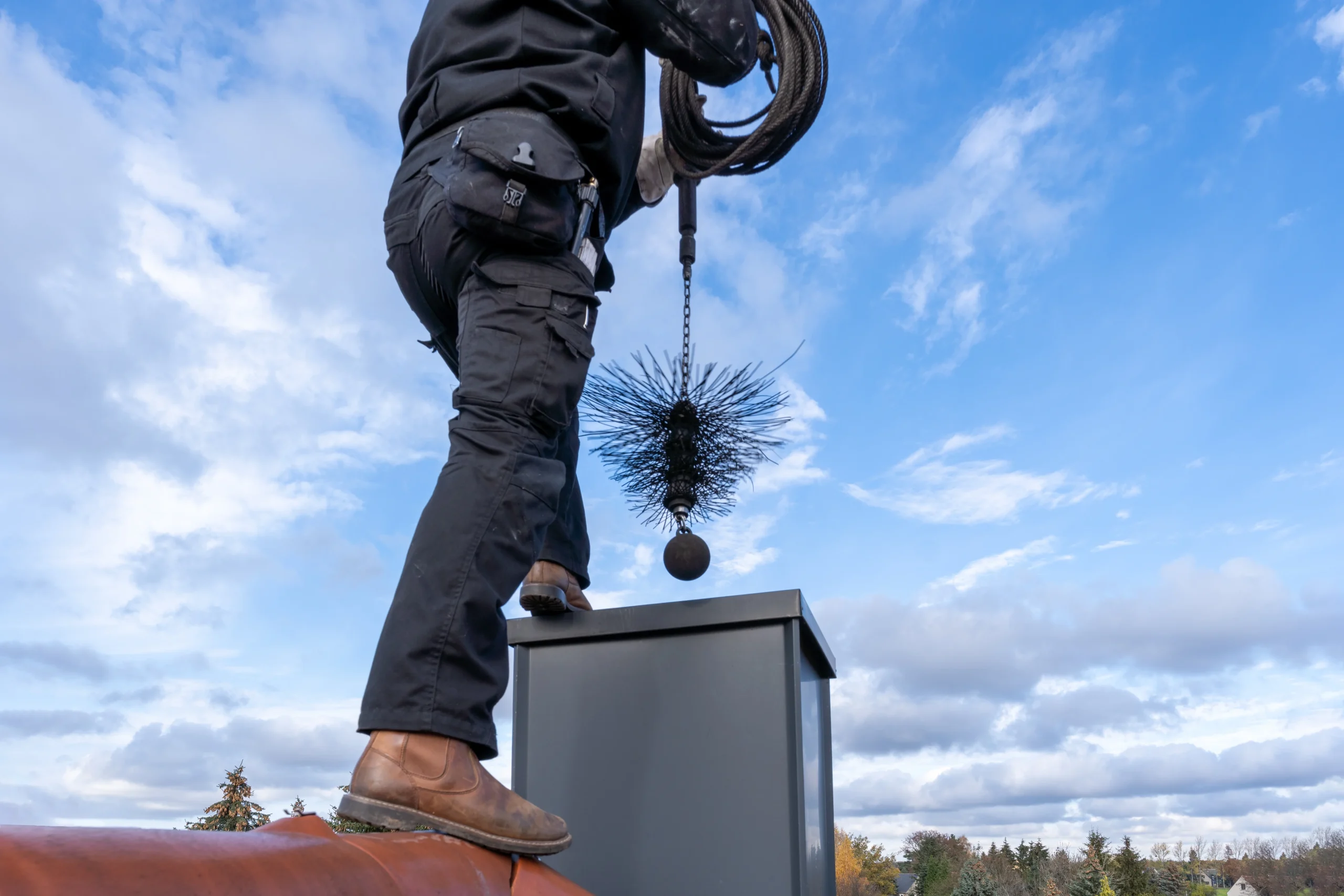 Man standing on roof starting chimney cleaning process