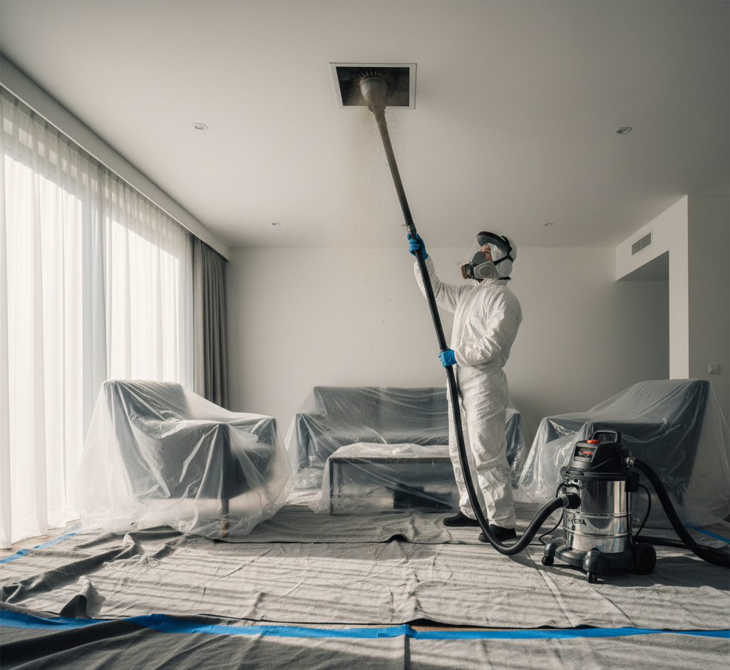 Worker in white safety suit doing air vent cleaning service with vacuum